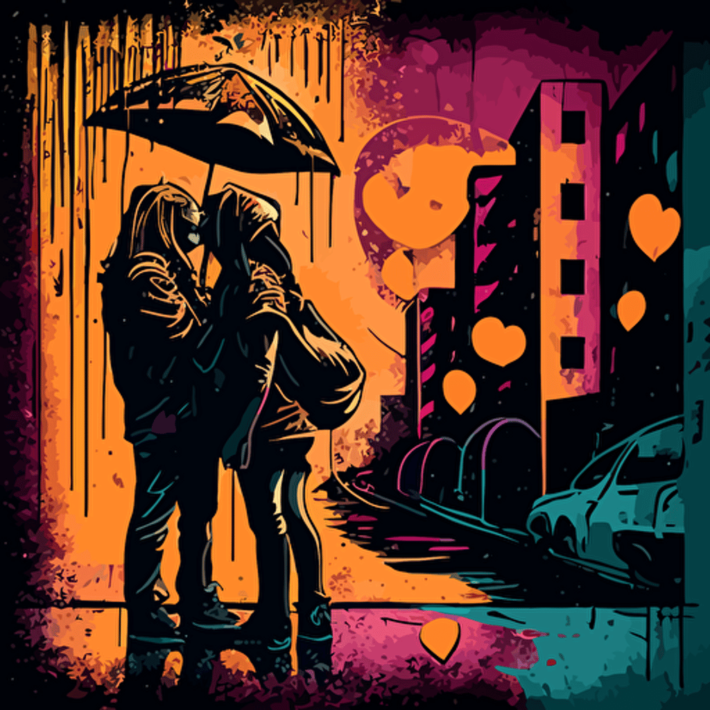 Sway with me, couple, love, one juicy exotic fruit, urban night scenery, distorted, dimmed lights, depth of field, rough, textured, grainy surface, dusty, vector, desaturated colour drips, graffiti, artificial, highres