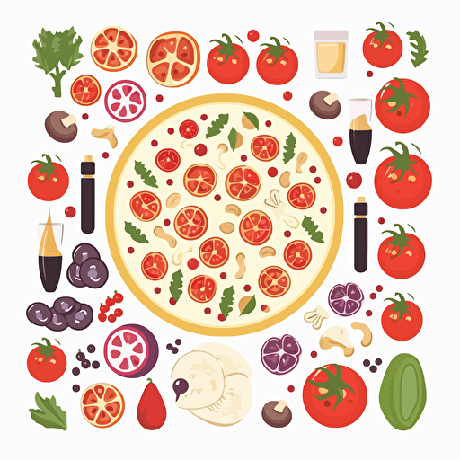 very simple flat illustration of pizza ingredients on white background, vector art, no outline