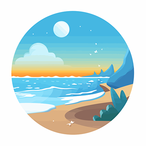 Simplified stylized beach scene inside a token circle, vector style logo, blue sea colour background, white border wrapped around the beach, HD