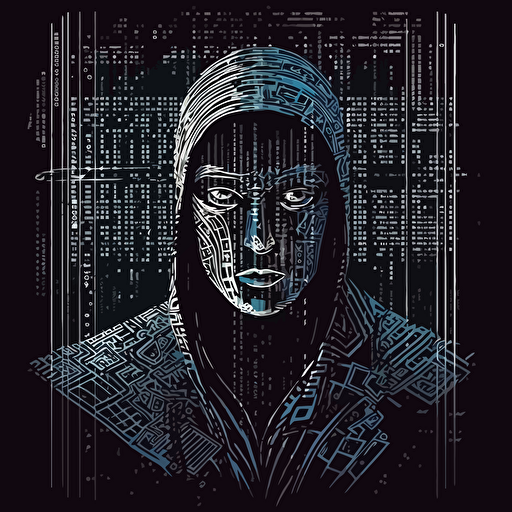 cyberpunk ghost in the machine, a man looking at the camera made of digital binary barcode data, cryptopunk vector dot matrix futuristic generative art landscape, ultra-sharp intricate details::3