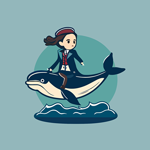 a mascot logo of a young female doctor riding a whale, simple, vector