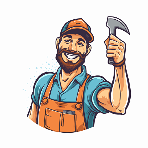logo, handyman, hand up with tool, vector, cartoon, white background, vibrant style, happy man