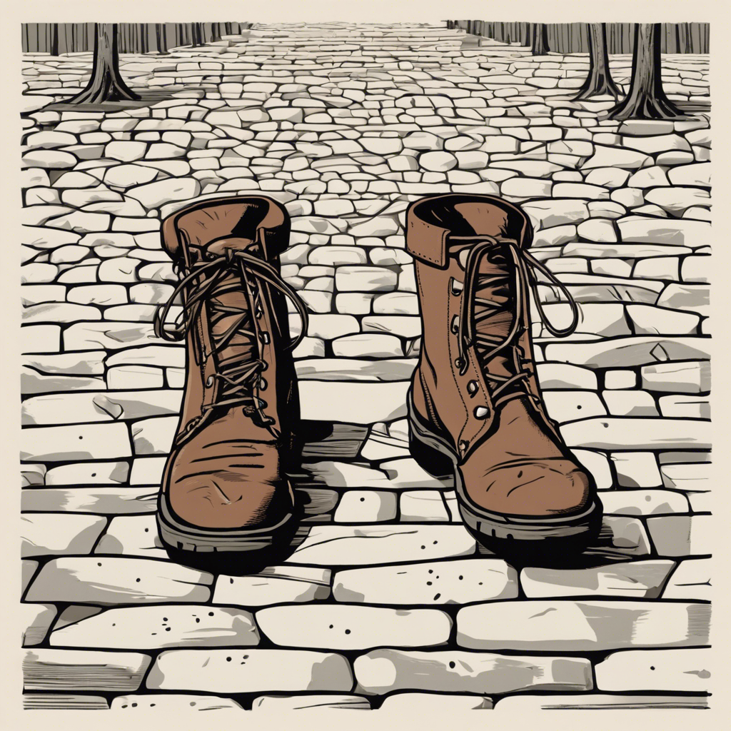Old leather boots on a cobblestone path., illustration in the style of Matt Blease, illustration, flat, simple, vector