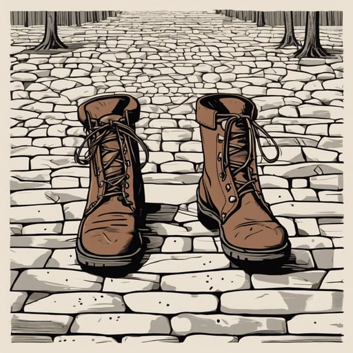 Old leather boots on a cobblestone path.