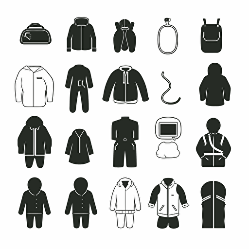 A collection of pictograms consisting of: a pair of shoes, a bagpack, pants, jacket, a beanie, gloves. The collection is meant to be easy to understand with easy shapes. Targetgroup: Kids age 3 to 7, gender-neutral. Specifications of image: Vector-art in 2D. No colors. Black and white only.