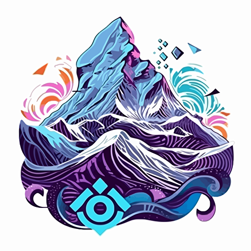 Logo music label named OM SHAPTA, Chitra painting style, vector, waveforms (sine, saw, square), a mountain with snow, psychedelia, fantasy, detailed, intricate