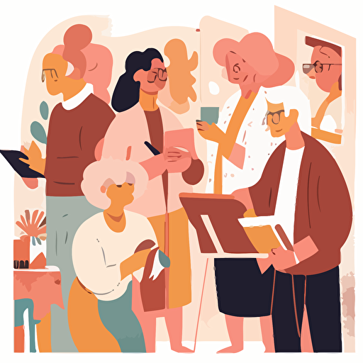 a group of people in their fifties working on a community project, smiling, pastel colours, abstract vector illustration style