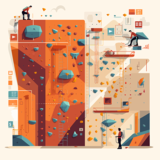 flat vector illustration of people indoor bouldering in the style of a circuit diagram