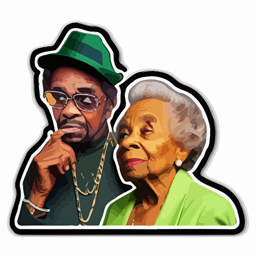 sticker, all about the benjamins with two old ladies talking to mike epps, colorful, contour, vector, white background