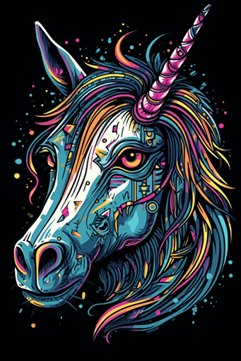 a unicorn with laser eyes, art style of studio ghibli, detail! Detail! Detail!, new school design cartoon, Vector, 100% black background,
