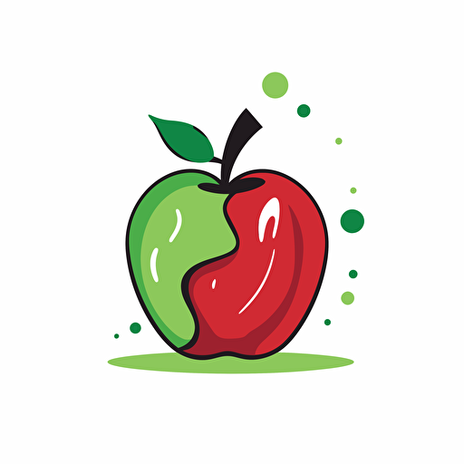 simple 2d vector inkline red apple green leaf cartoon
