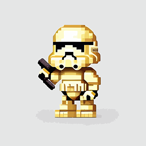 Pixelated baby golden stormtrooper, lofi, goofy looking, smiling, white background, vector art , pixar style
