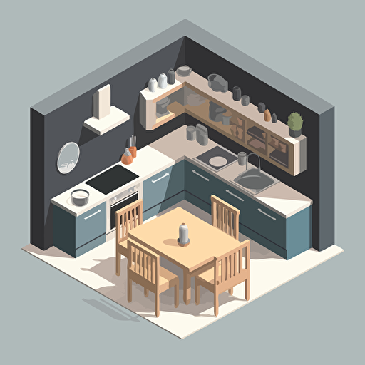 isometric room, modern, minimalism, kitchen, animal feeder, kitchen furniture, table, sectional, vector, high quality,