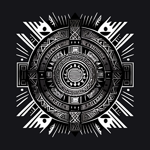 minimalistic aztec style illustration, symmetrical, black and white, vector, 2d