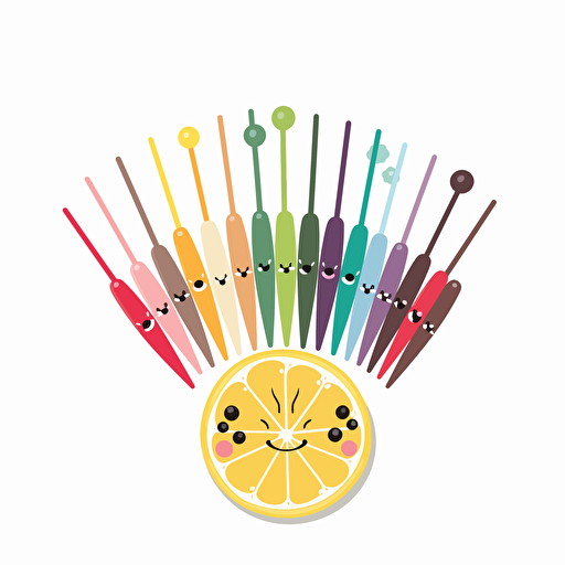 Kawaii toothpick fruit garnish, flat, 2D, vector, 16 colors, white background, in anime chibi style