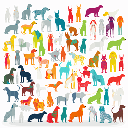 adorable brightly colored dogs of all breeds on a white background + doodle style + white background + simple vector + bright colors