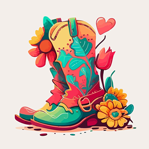 neon biright colored cute cowgirl boots in cartoon style drawing with hearts and flowers on a white background flat vector drawing