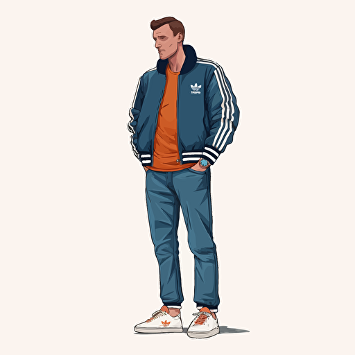 football Casual, vector art, simple vector, Adidas trainers, classic Jacket, jeans, cartoon style