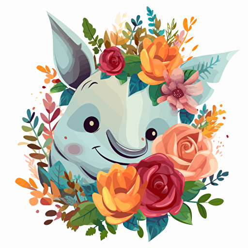 animal with flowers, detailed, cartoon style, 2d clipart vector, creative and imaginative, hd, white background