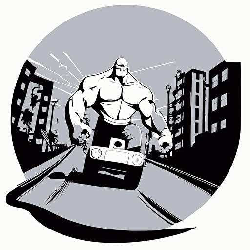 golem driving throu the bad part of the city, vector logo, vector art, emblem, simple cartoon, 2d, no text, white background