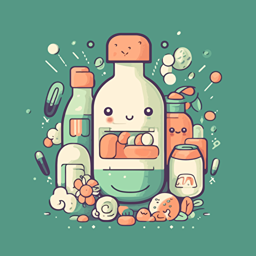 medicine illustrations with pills, pastel colors, studio ghibli, flat vector illustration
