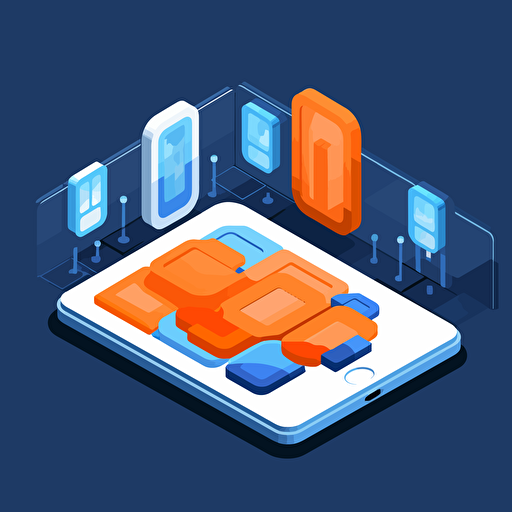 flat vector icon, ruggedized tablet in front of a prison, blue and orange and white and dark gray, isometric