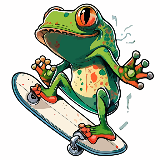 Frog on a skateboard, Sticker, Ecstatic, Matte, Cartoon, Contour, Vector, White Background, Detailed