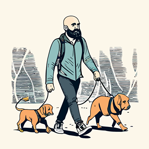 a bald bearded man walking dogs on a leash, digital rendering, avatar image, simple clean vector