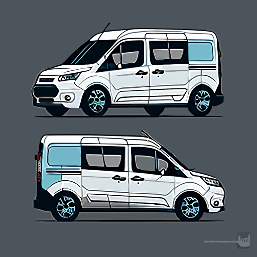 silhoette of ford transit connect, white color, gray background, blue highlights, simple design, vector cartoon style, white outline over silhouette