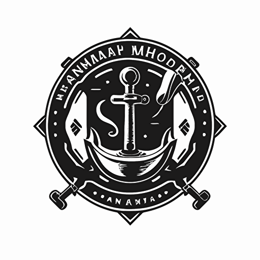 extremely simple black and white marine badge logo, stencil, Flat, minimal, modern vector. an anchor with a hookah