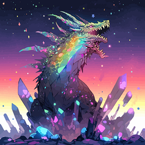 an enormous chromatic rainbow crystal dragon is looking at the viewer menacingly, asymmetrical background of burning forests and distant mountains, a sky full of stars, the milky way, detailed, style of bruce weber, frank frazetta, travis charest, moebius, granblue fantasy, vector, watercolors, oilpaints style, colored inks style