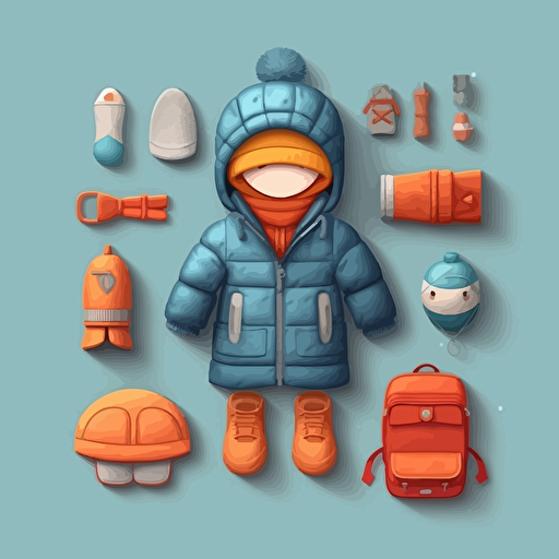 A spreadsheet with winterclothing for kids: (glove, beanie, shoe, pant, jacket, backpack for kids age between 3-11), vector art by Martina Krupičková, behance contest winner, postminimalism, digital illustration, flat shading, 2D game art.