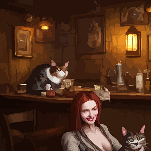 hyperrealistic mixed media painting creepy smiling cat dimly lit cozy tavern leather tunic confident relaxed pose d d stunning 3d render inspired art gerlad brom anna dittmann perfect facial symmetry dim volumetric lighting 8k octane beautifully detailed render post processing extremely hyperdetailed intricate epic composition grim sparkling atmosphere cinematic lighting masterpiece trending artstation detailed masterpiece stunning