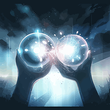 Two scientists conducting an experiment, their fingers gently touching a glowing orb that emanates an otherworldly energy, Experiment, scientists, glowing, energy, touch, futuristic, abstract, ambient lighting, chromatic, mysterious, vector illustration