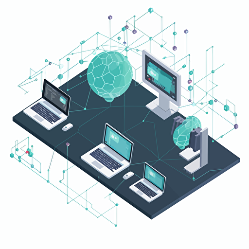 blockchain dev working on computer connected to a network of devices around the world, 2d, vector, izometric,