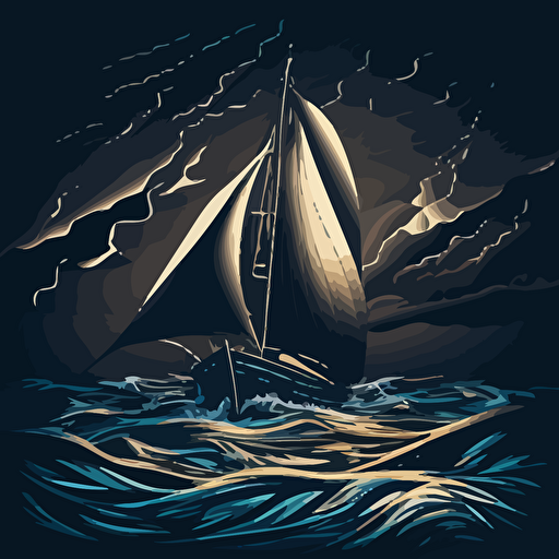 crete an illustration of a modern sailboat at night in rough seas, vector style