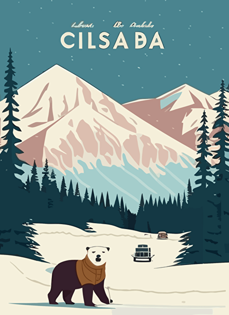 snowy alaska with a bear, travel poster, Vector flat illustration