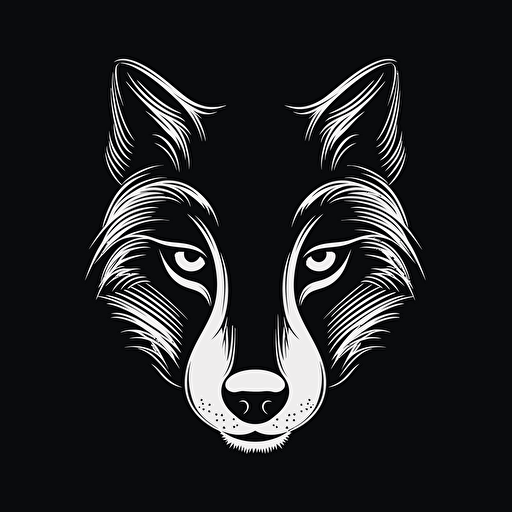 Wolf eyes closed, Banksy style, black background, large closed shapes, fantasy roboter, white space to fill, abstract, artistic, pen outline, white background, very simple, full field of view, centre, minimalistic logo vector art , simple flat vector logo