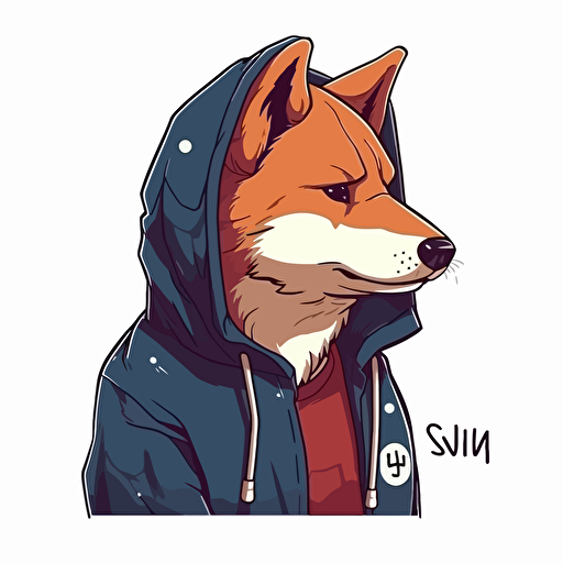 Shiba Inu wearing a hoodie futuristic, cartoon anime, 2/ 3 left side profile shot, sci