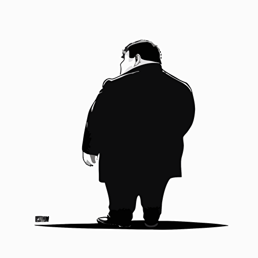 Black and white. back view of a fat kid wearing a buisness suit standing. Simple Vector Art. White background