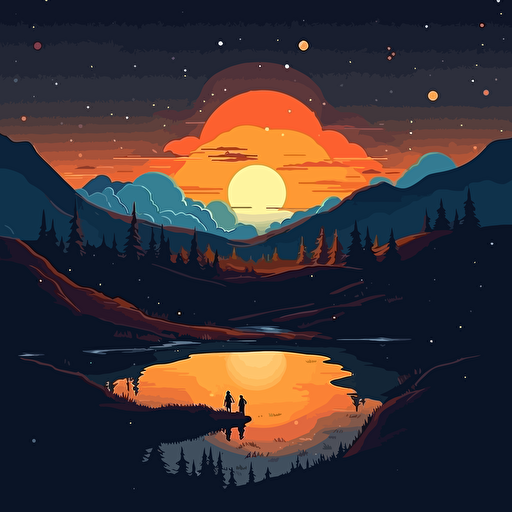 stary night, light lofi music, and bornfire, minimal, vector, illustration, swiss poster style