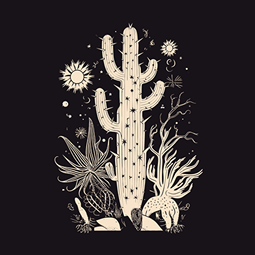 vector art, a single cactus illustration, dia de los muertos, simple shapes, minimalist, printmaking, monochromatic, flat background that is one color