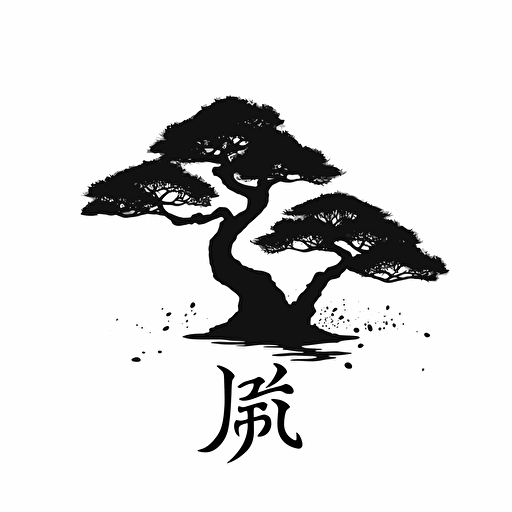 Logo, black tree silhouette on isolated white background, japanese word, hard edges, vector, anime style, minimalism