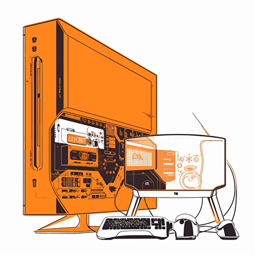 2D vector PC with Playstation and Xbox in minimalism cyberpunk style and in orange colors. Background white