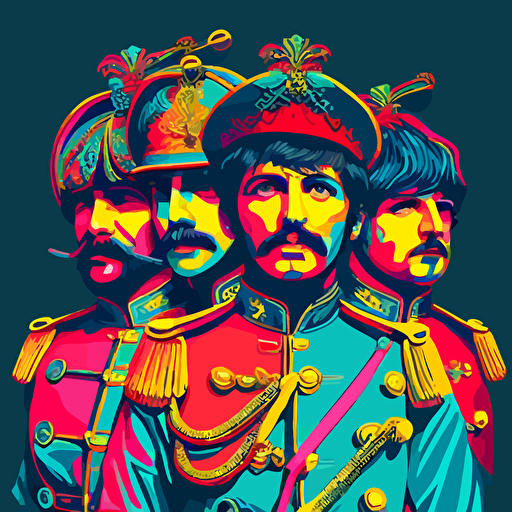 dynamic four Beatles playing music from front, upper body, uniforms Sgt. Pepper's Lonely Hearts Club Band, detail rich vector illustration in the colors , yellow red blue turquoise pink