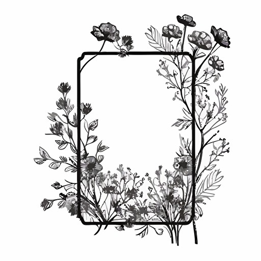 simplistic rectangle frame with flowers, vector image, black and white only