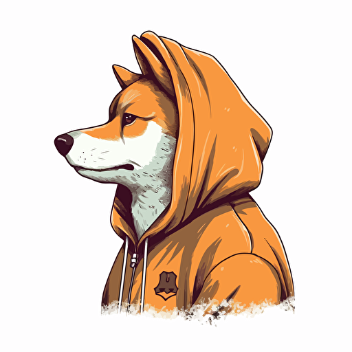 2/3 left side profile shot, cartoon 2d, Shiba Inu wearing a hoodie, cartoon anime, colors, surreal, Vector illustration, white background