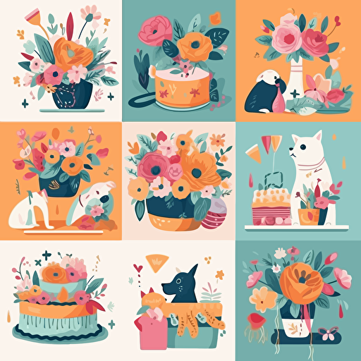 Print illustration of flower bouquets, Mothers, birthday cake and presents and pets and birthday scenes by GrapeStudio, card collection vector set, creativemarket
