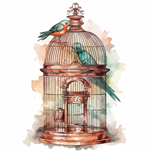 retro copper birdcage, detailed, cartoon style, 2d watercolor clipart vector, creative and imaginative, hd, white background