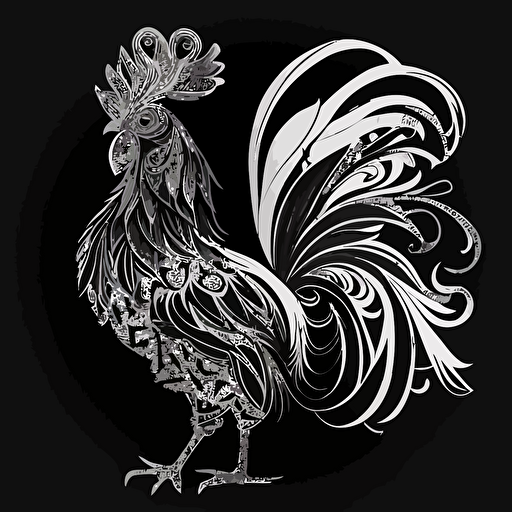 rooster in style of Eric Standley, black and white, flat, vector, line drawling, white background ar 1:1